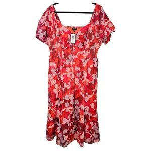 NWT Torrid 3X Pink Floral Lace Up Smocked Midi Dress‎ Puff Sleeve Peasant  Girly